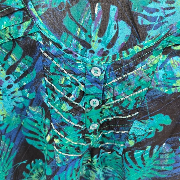 Catherines Black Blue Green Tropical Plant Beaded Buttons Cotton Tank 4x 30/32W - Picture 2 of 14